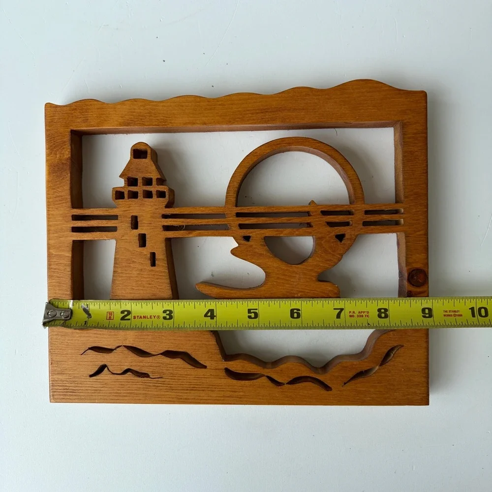 Vintage Hand Carved Wood Nautical Lighthouse Seagull Sun Wall Art Decor 9x7.5